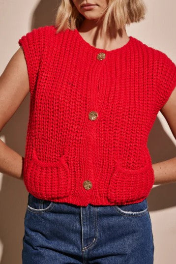 Sleeveless Chunky Knit Cardigan With Pockets - Red