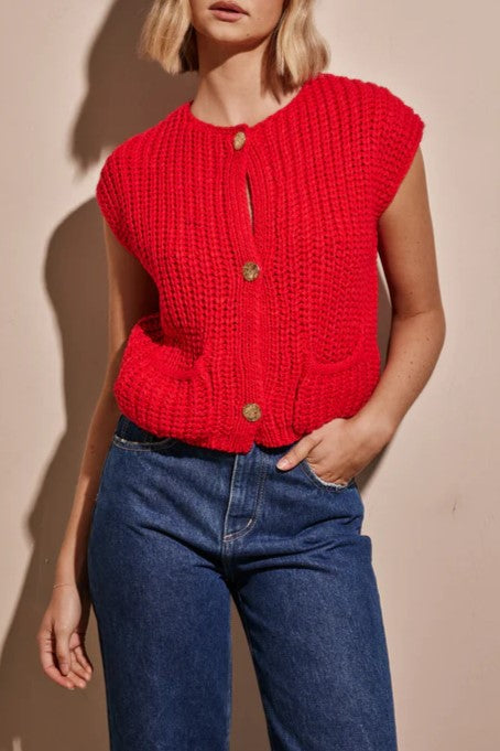 Sleeveless Chunky Knit Cardigan With Pockets - Red - 2