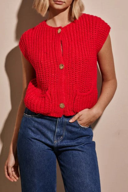Sleeveless Chunky Knit Cardigan With Pockets - Red - 3