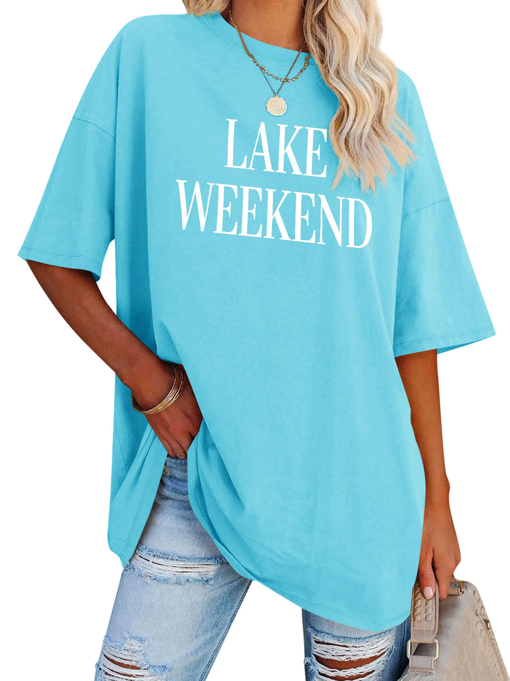 Lake Weekend Slogan Oversized Tunic Tee - Blue
