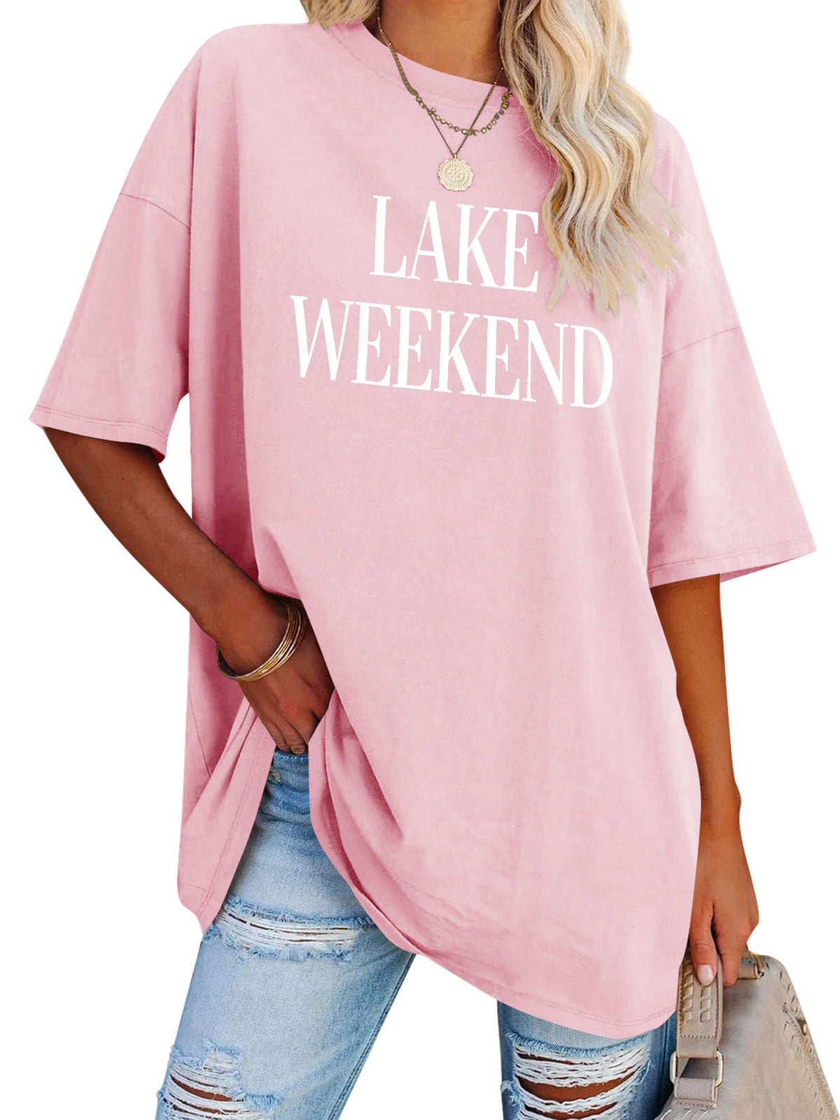 Lake Weekend Slogan Oversized Tunic Tee - Pink