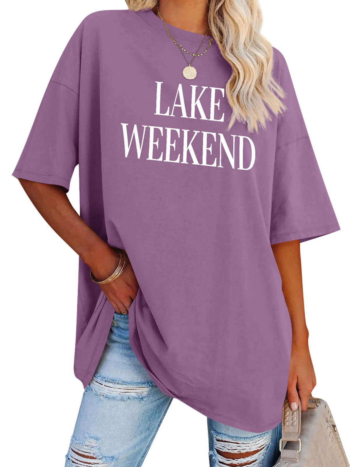 Lake Weekend Slogan Oversized Tunic Tee - Purple