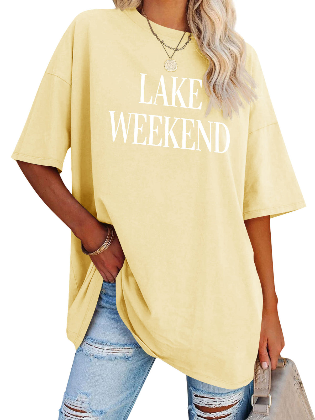 Lake Weekend Slogan Oversized Tunic Tee - Yellow