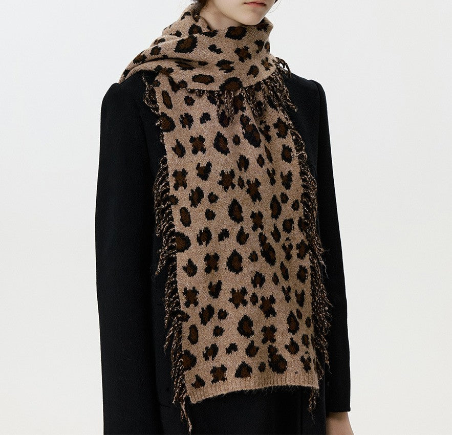 Leopard Print Fringed Knit Winter Scarf - Camel