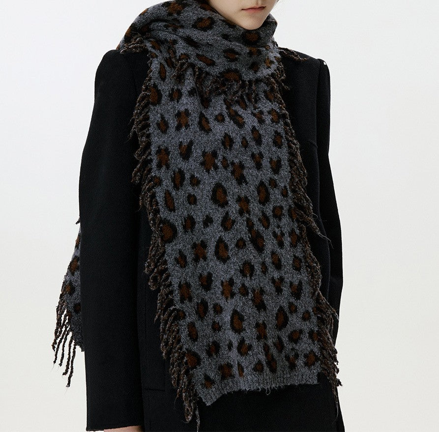 Leopard Print Fringed Knit Winter Scarf - Grey