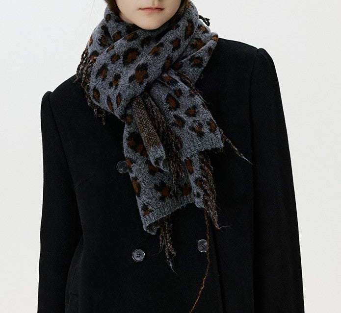 Leopard Print Fringed Knit Winter Scarf