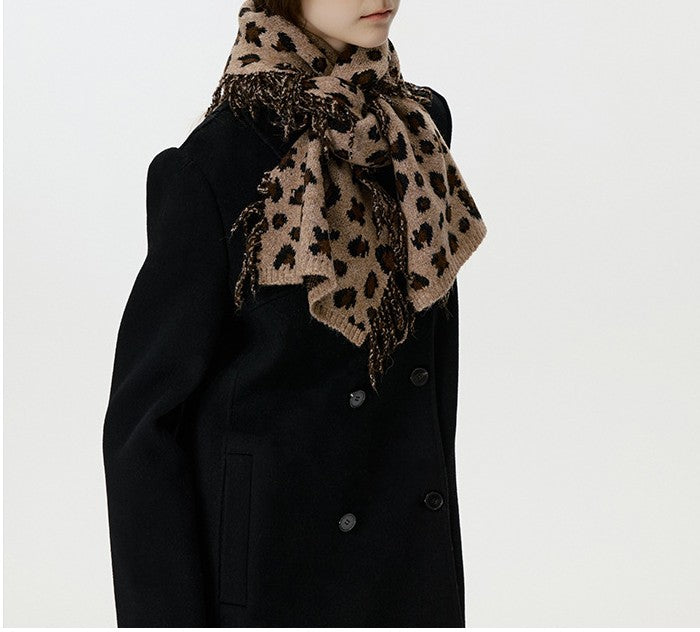 Leopard Print Fringed Knit Winter Scarf - view 1