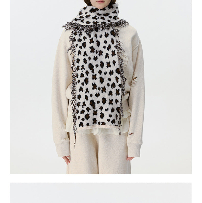 Leopard Print Fringed Knit Winter Scarf - view 2