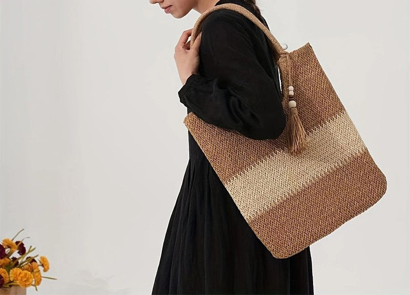 Two Tone Woven Straw Tote Bag - Coffee
