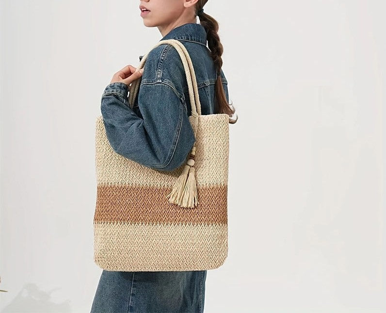 Two Tone Woven Straw Tote Bag - Off_White