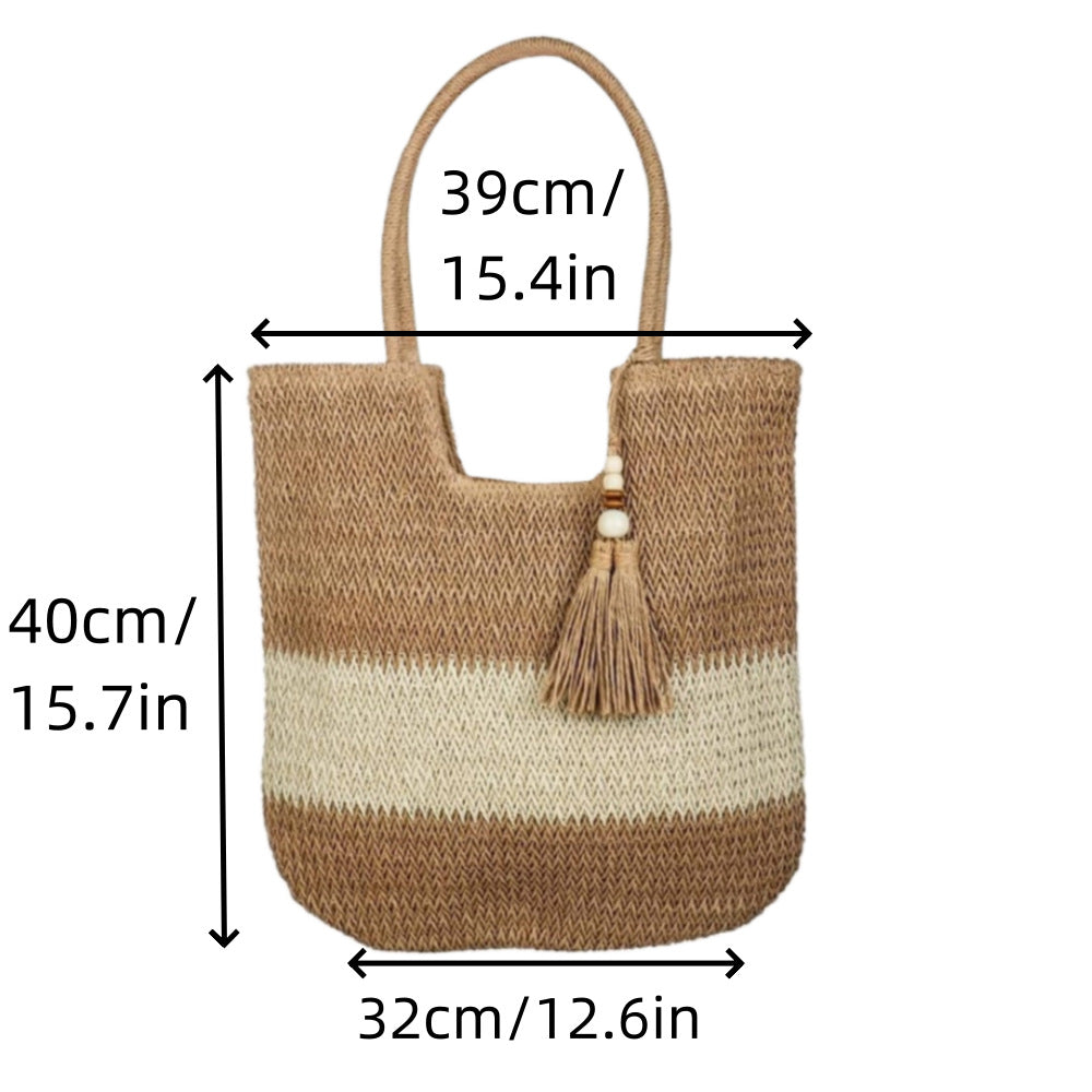 Two Tone Woven Straw Tote Bag