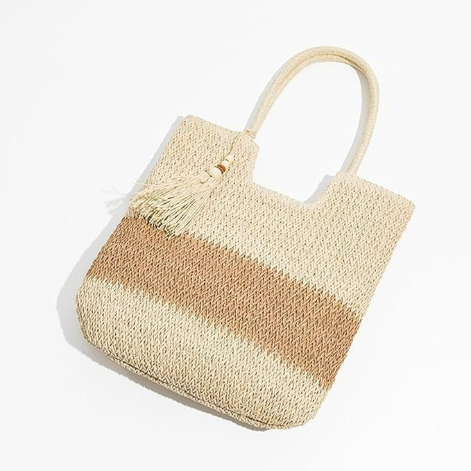 Two Tone Woven Straw Tote Bag - view 1