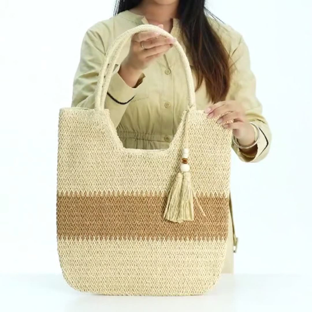 Two Tone Woven Straw Tote Bag - view 3