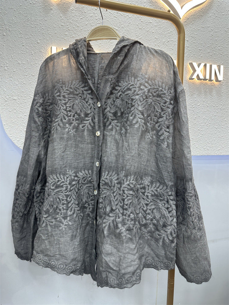 Sheer Lace Hooded Button Up Blouse - Gray