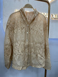 Sheer Lace Hooded Button Up Blouse - Khaki