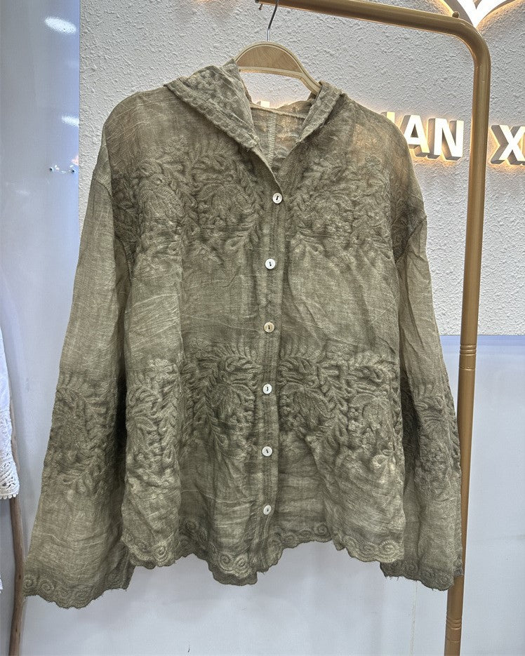 Sheer Lace Hooded Button Up Blouse - Olive - 1