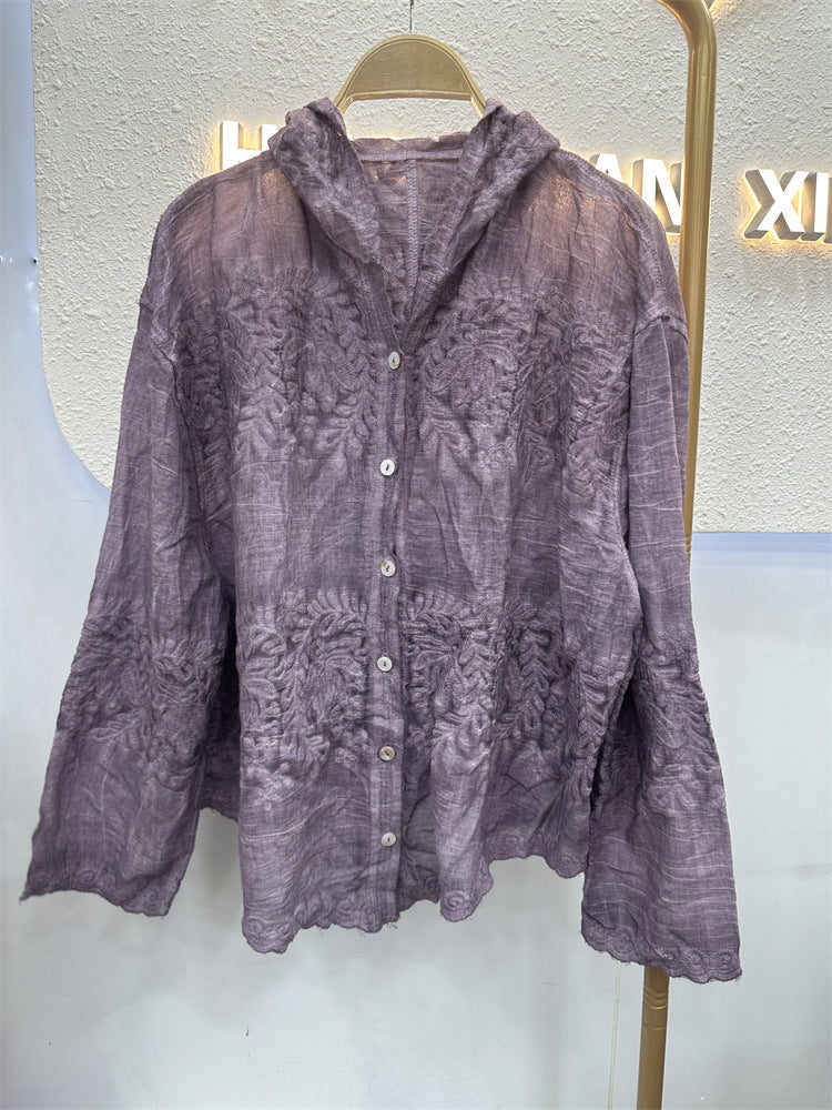 Sheer Lace Hooded Button Up Blouse - Purple