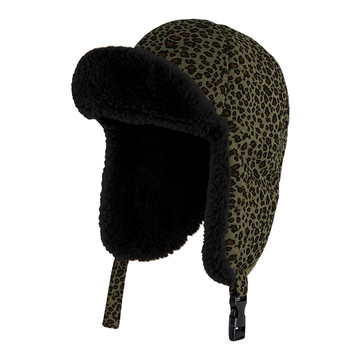 Leopard Trapper Hat With Plush Faux Fur Ear Flaps - Green