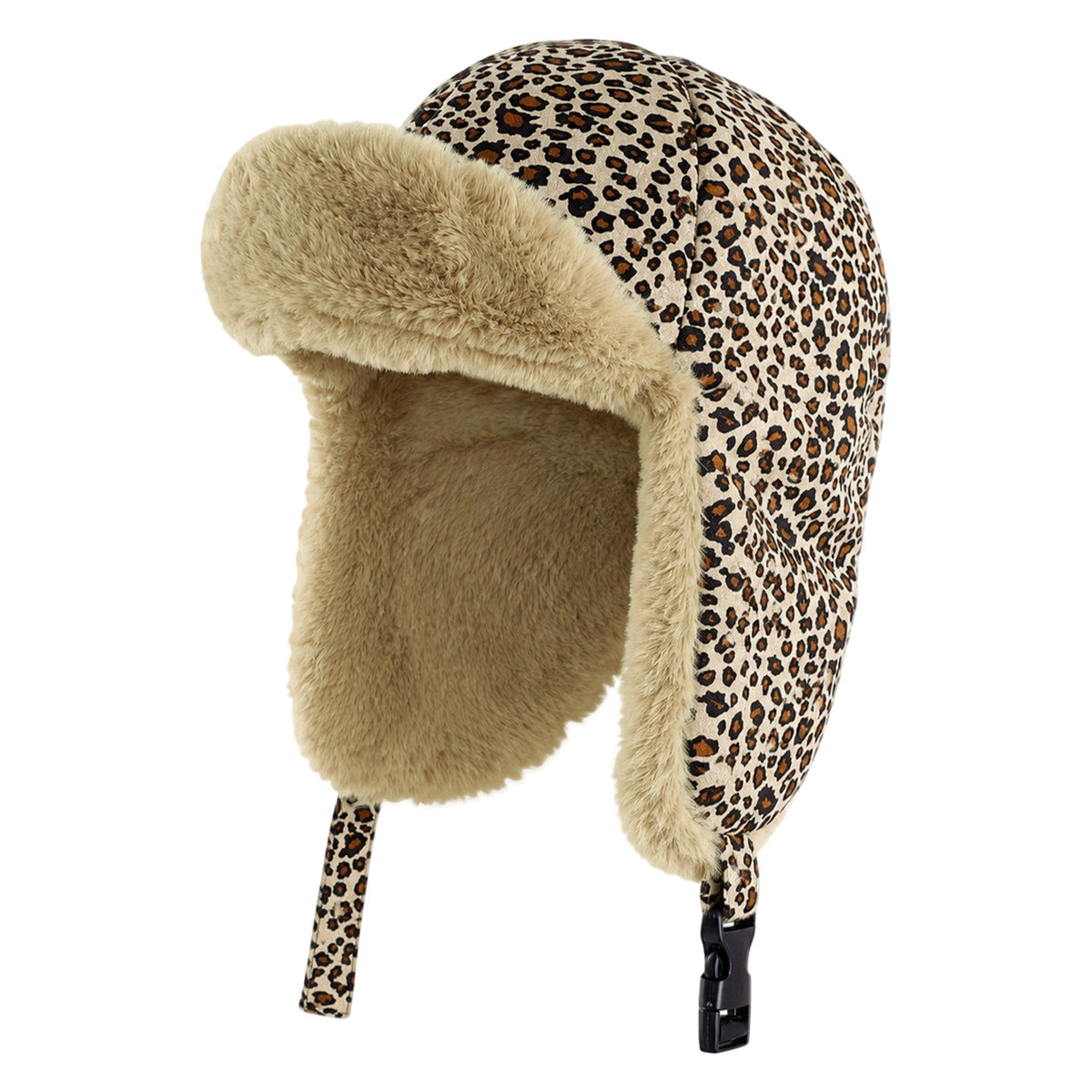 Leopard Trapper Hat With Plush Faux Fur Ear Flaps - Khaki