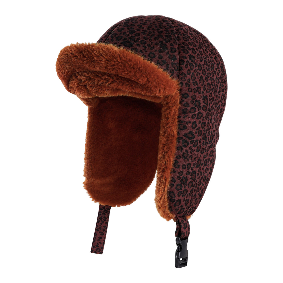 Leopard Trapper Hat With Plush Faux Fur Ear Flaps - RedBrown