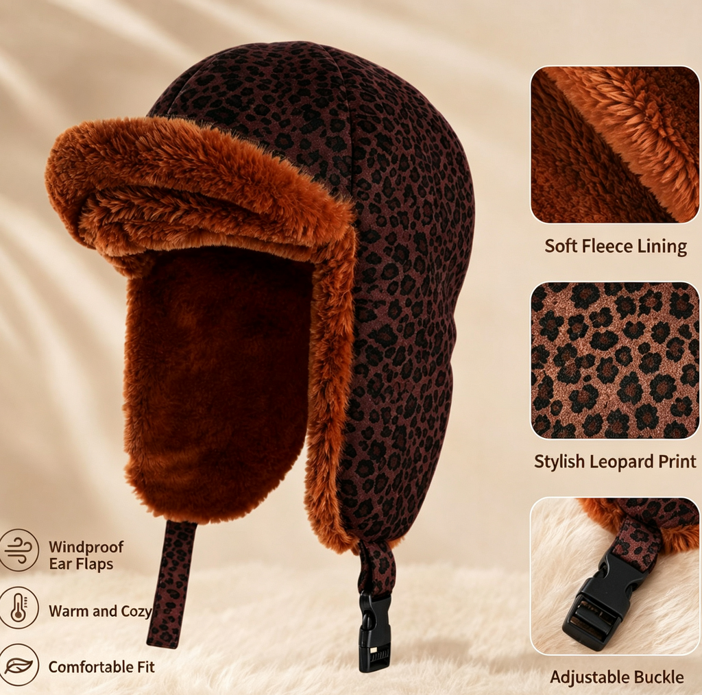 Leopard Trapper Hat With Plush Faux Fur Ear Flaps - RedBrown - 1