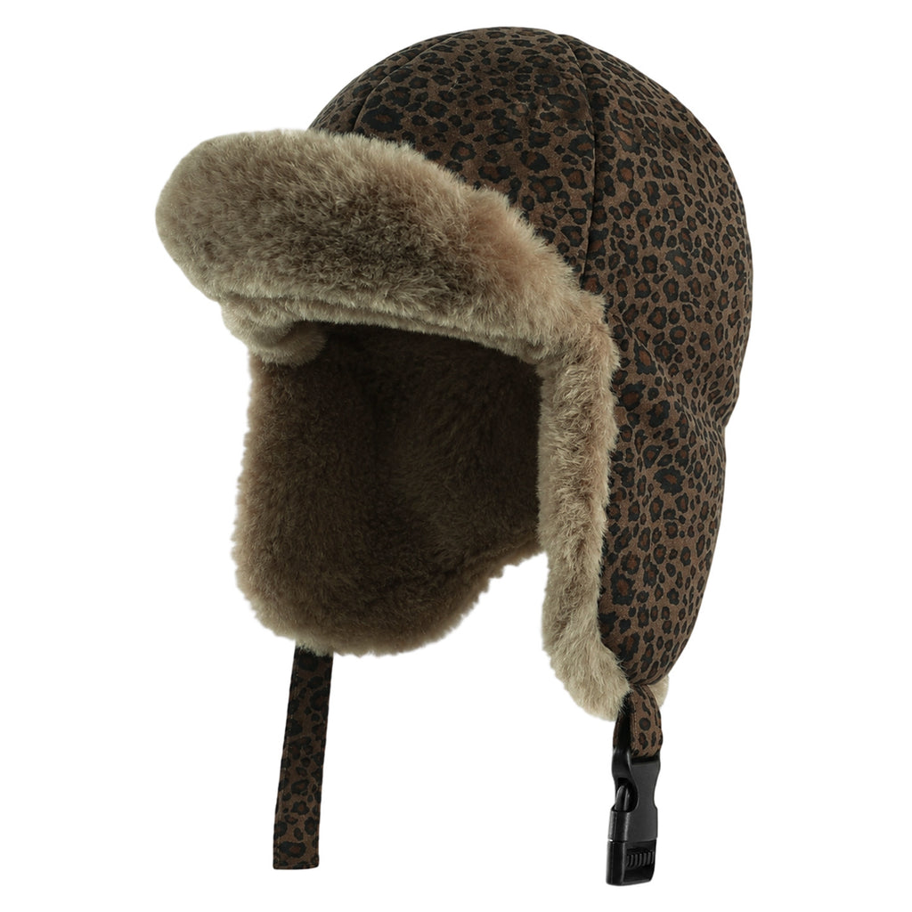 Leopard Trapper Hat With Plush Faux Fur Ear Flaps - Taupe