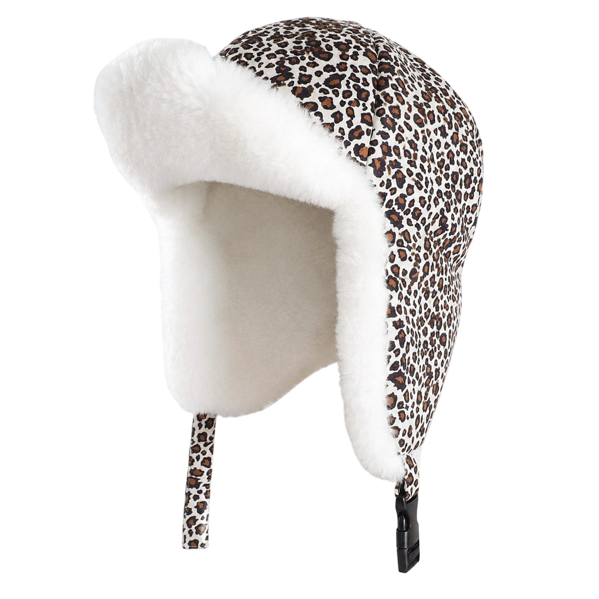 Leopard Trapper Hat With Plush Faux Fur Ear Flaps - White - 1