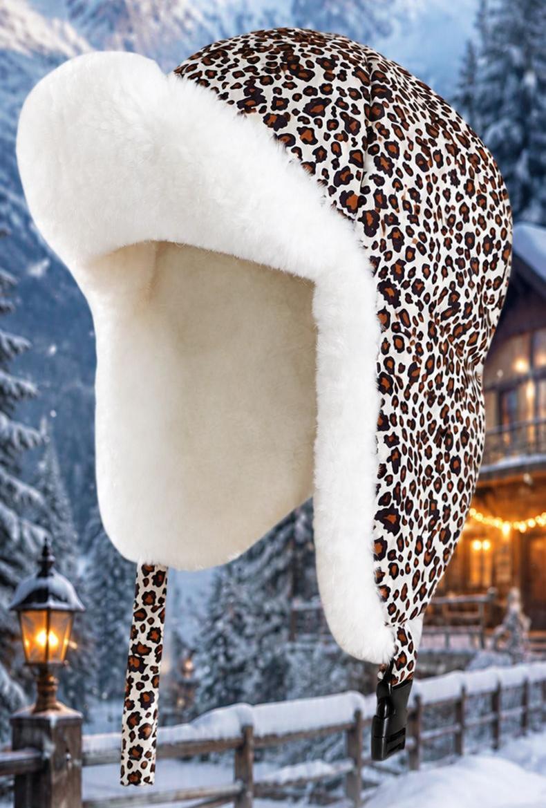 Leopard Trapper Hat With Plush Faux Fur Ear Flaps - White - 2