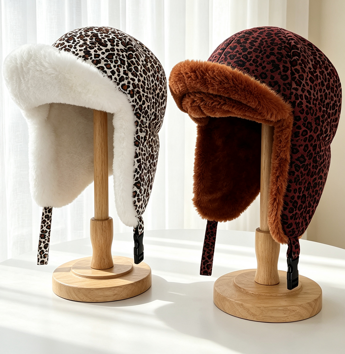 Leopard Trapper Hat With Plush Faux Fur Ear Flaps - White - 3