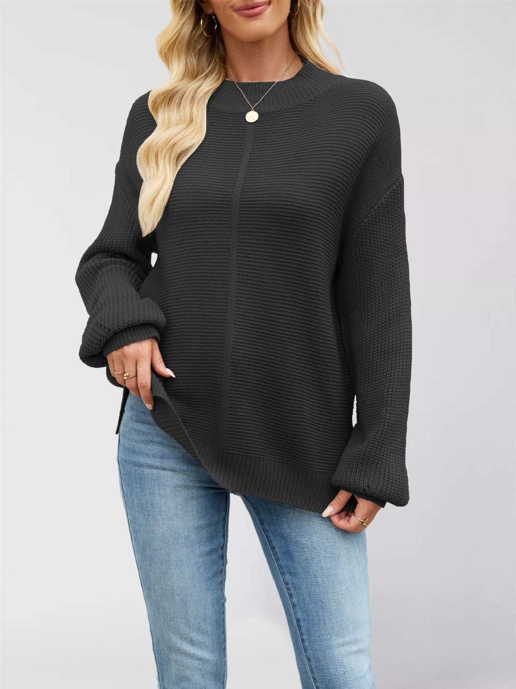 Mock Neck Drop Sleeve Oversized Sweater - Black