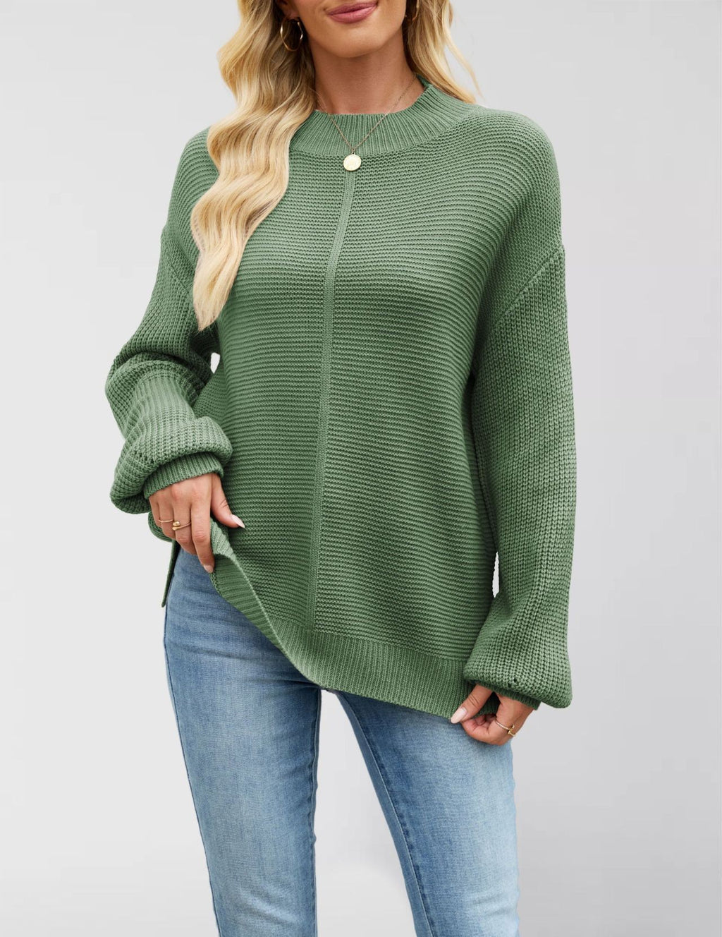Mock Neck Drop Sleeve Oversized Sweater - Green