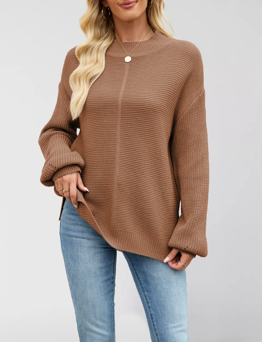 Mock Neck Drop Sleeve Oversized Sweater - Khaki