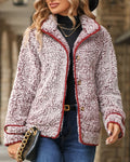 Contrast Piping Sherpa Faux Fur Coat - Burgundy