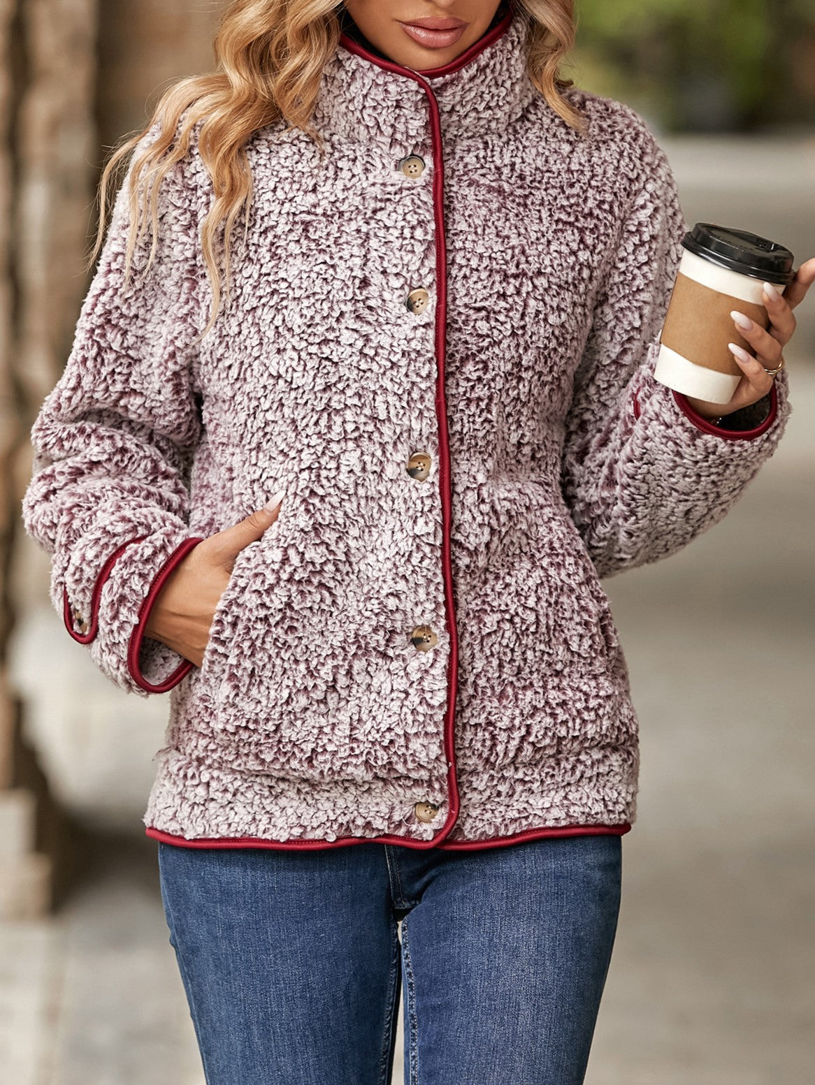 Contrast Piping Sherpa Faux Fur Coat - Burgundy - 1