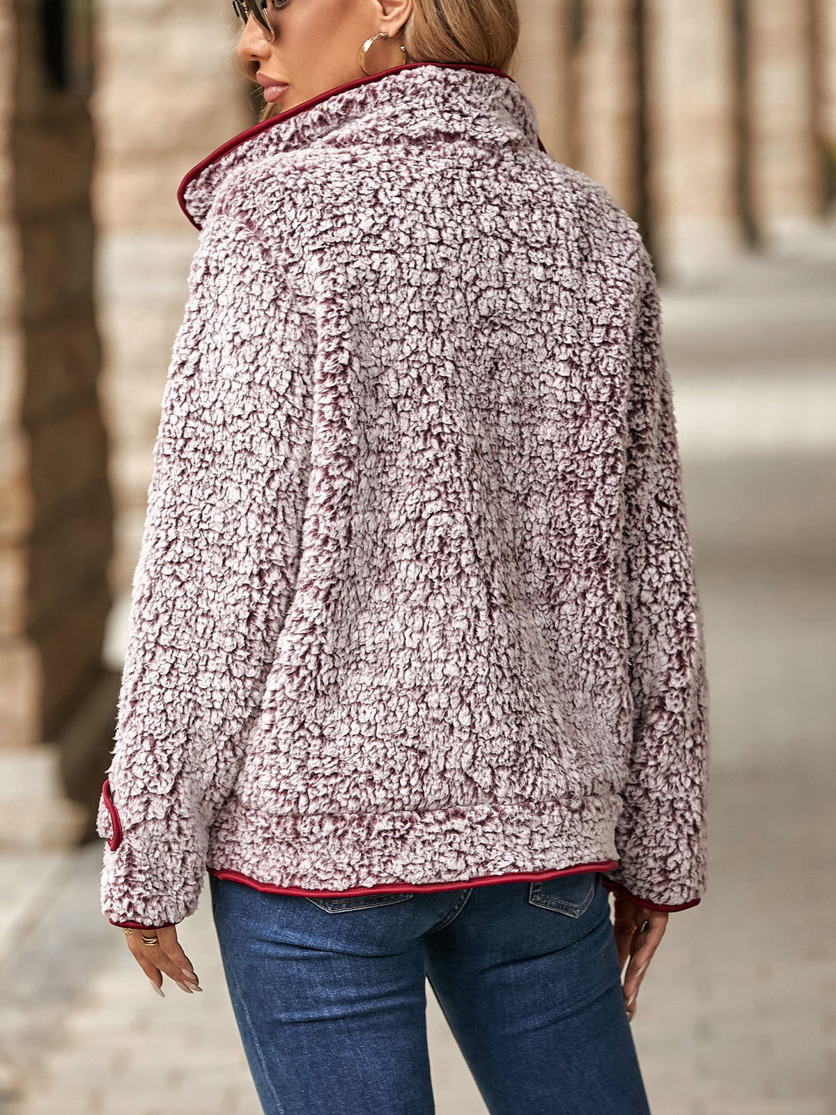 Contrast Piping Sherpa Faux Fur Coat - Burgundy - 2