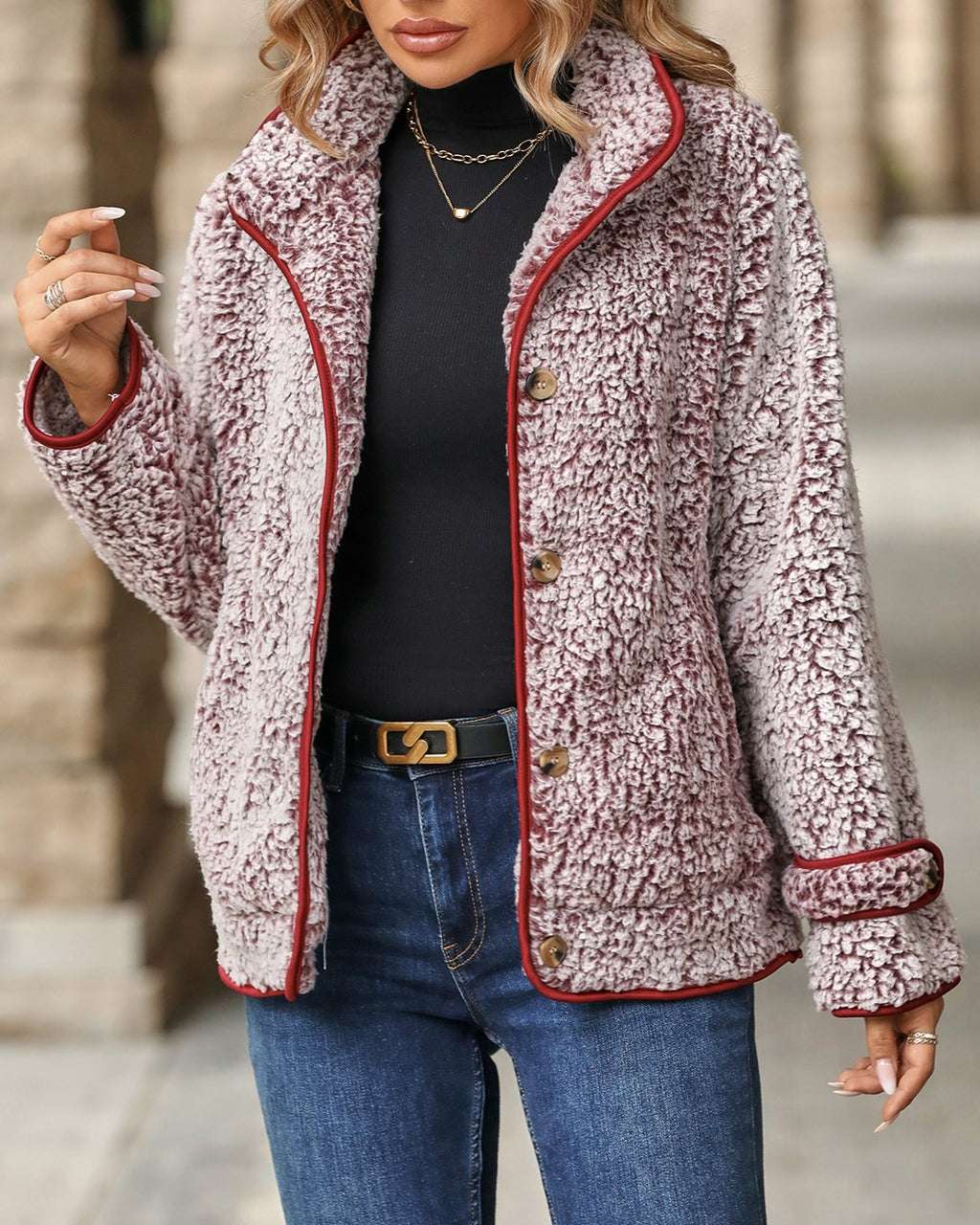 Contrast Piping Sherpa Faux Fur Coat - Burgundy - 3