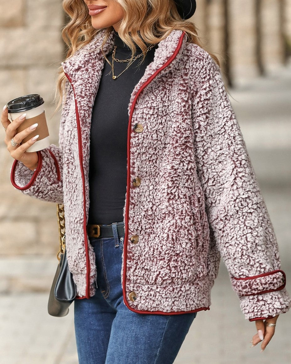 Contrast Piping Sherpa Faux Fur Coat - Burgundy - 4