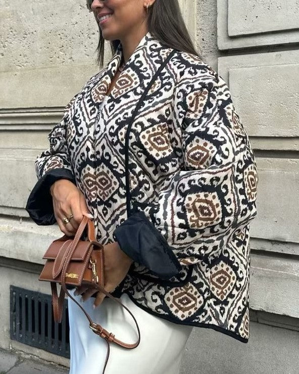 Ornate Tile Print Padded Puffer Jacket - Brown