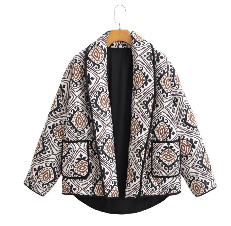Ornate Tile Print Padded Puffer Jacket - Brown - 1