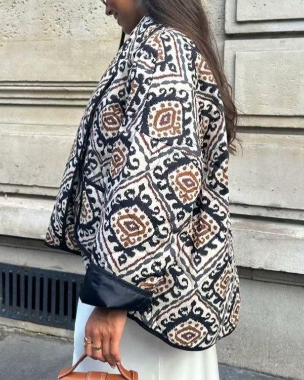 Ornate Tile Print Padded Puffer Jacket - Brown - 2