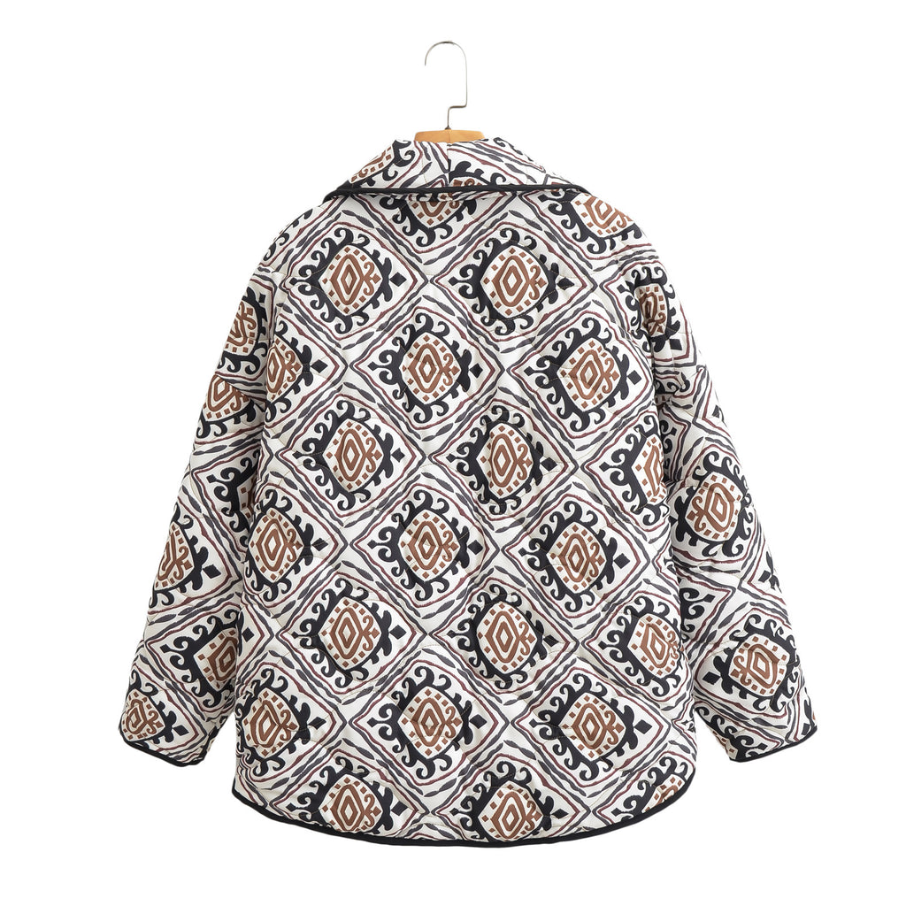 Ornate Tile Print Padded Puffer Jacket - Brown - 3