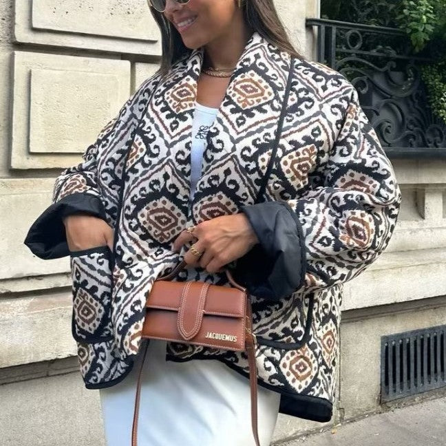 Ornate Tile Print Padded Puffer Jacket - Brown - 4