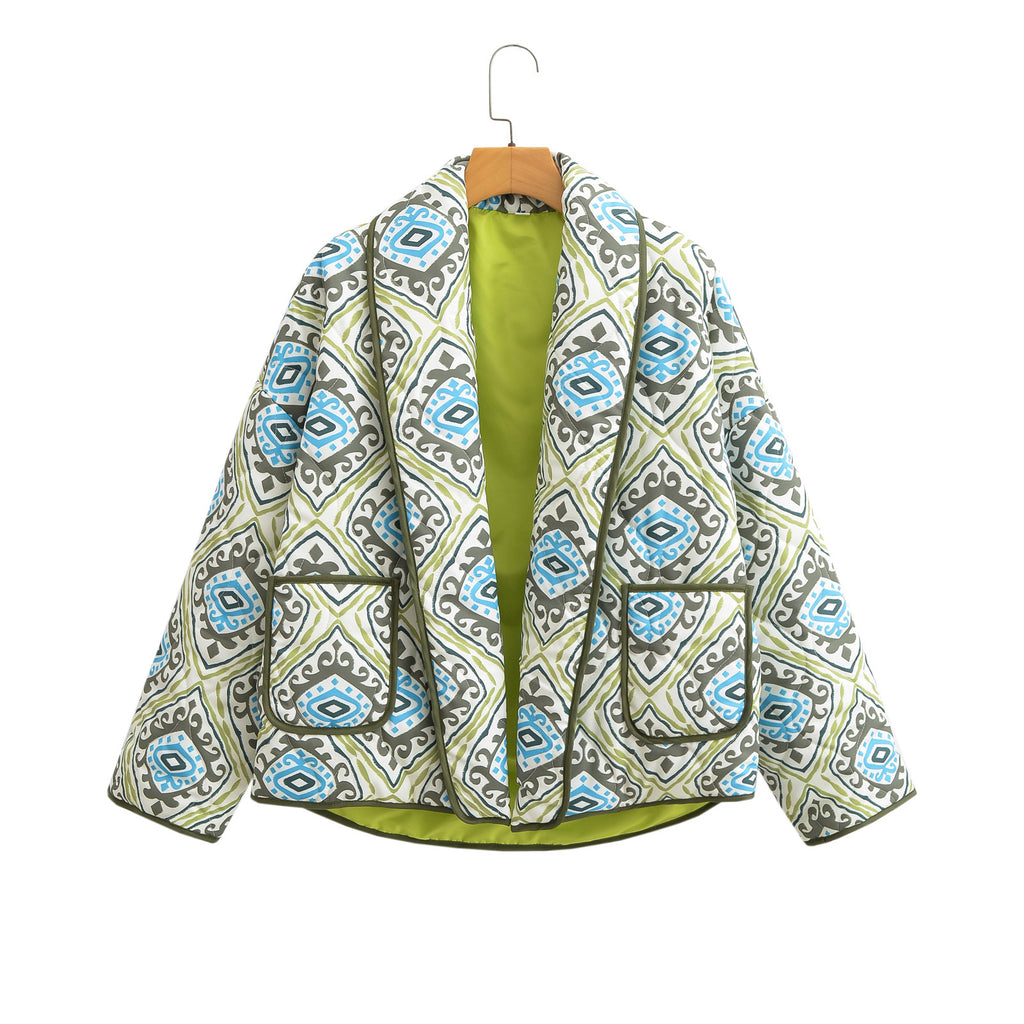 Ornate Tile Print Padded Puffer Jacket - Green