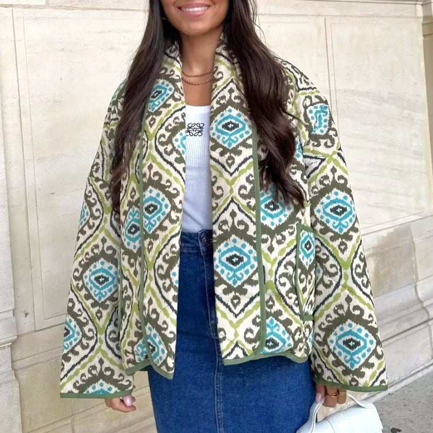 Ornate Tile Print Padded Puffer Jacket - Green - 1