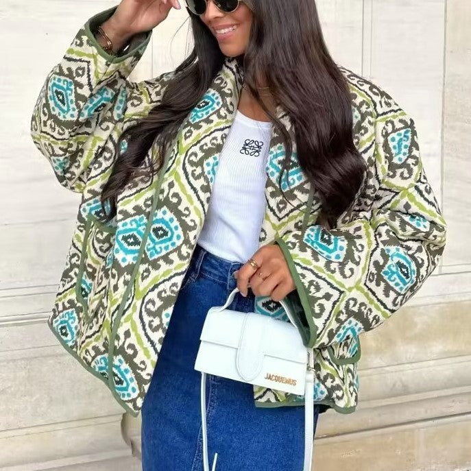 Ornate Tile Print Padded Puffer Jacket - Green - 2