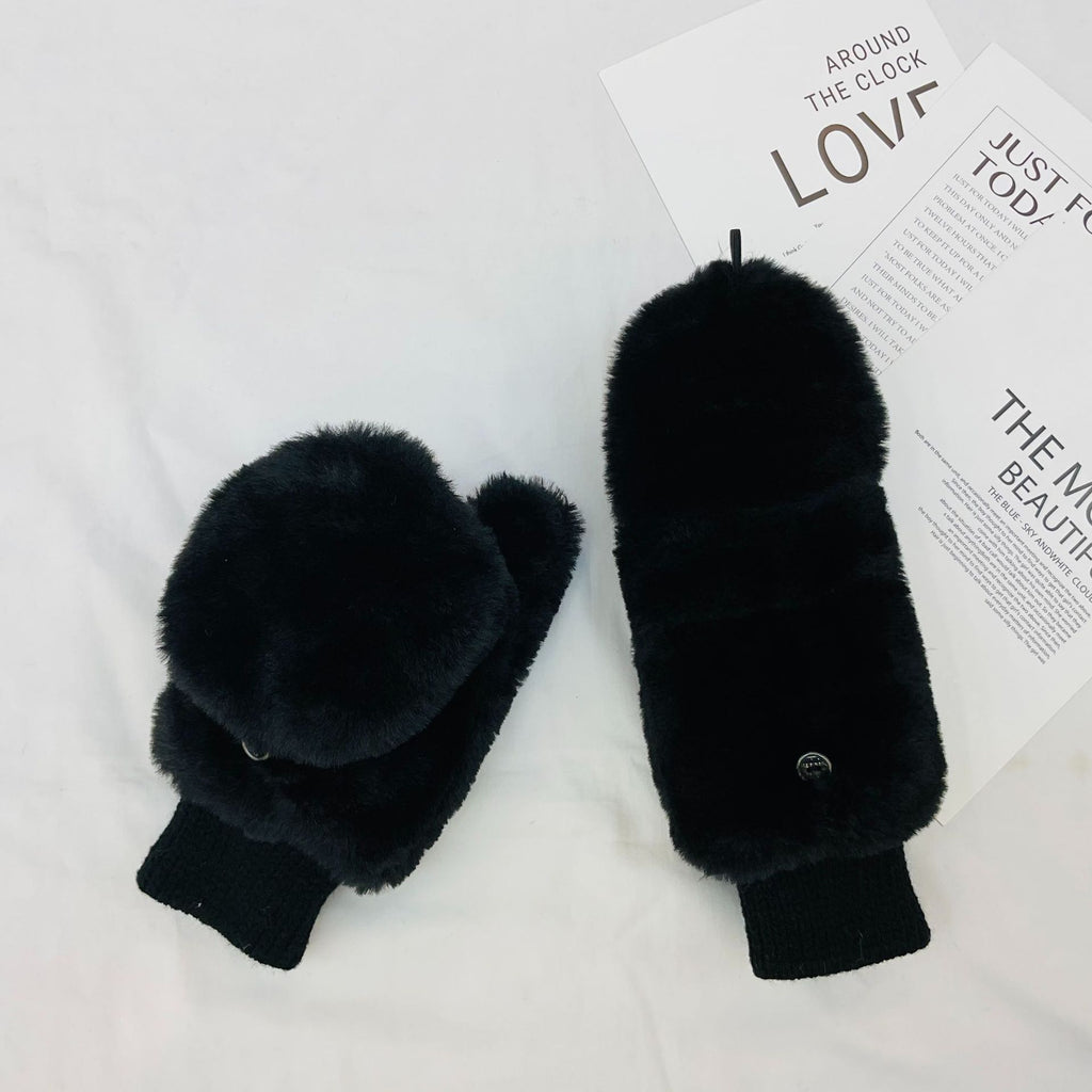 Plush Faux Fur Flip Top Gloves - Black