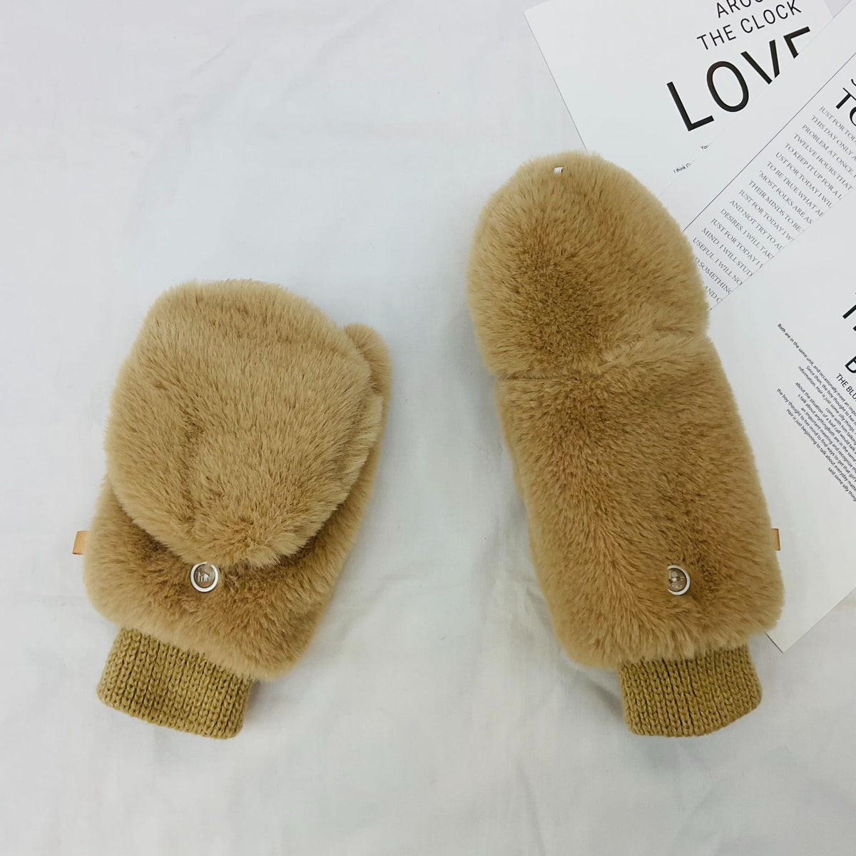 Plush Faux Fur Flip Top Gloves - Camel