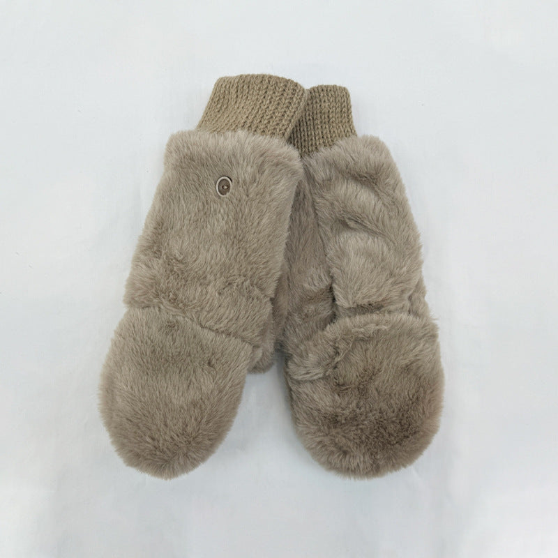 Plush Faux Fur Flip Top Gloves - Coffee
