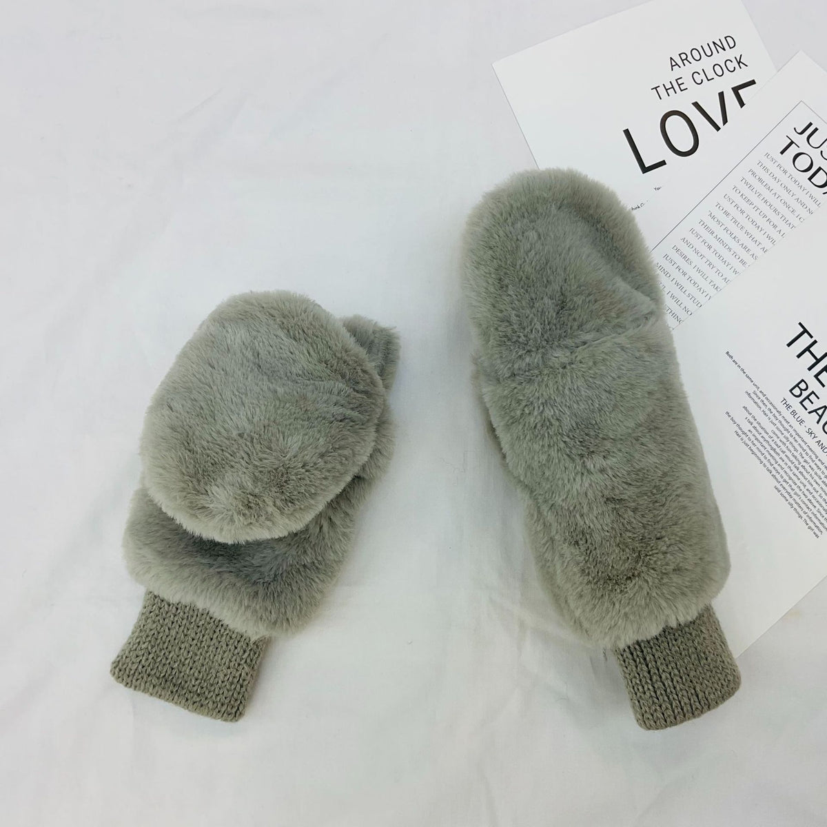 Plush Faux Fur Flip Top Gloves - Grey