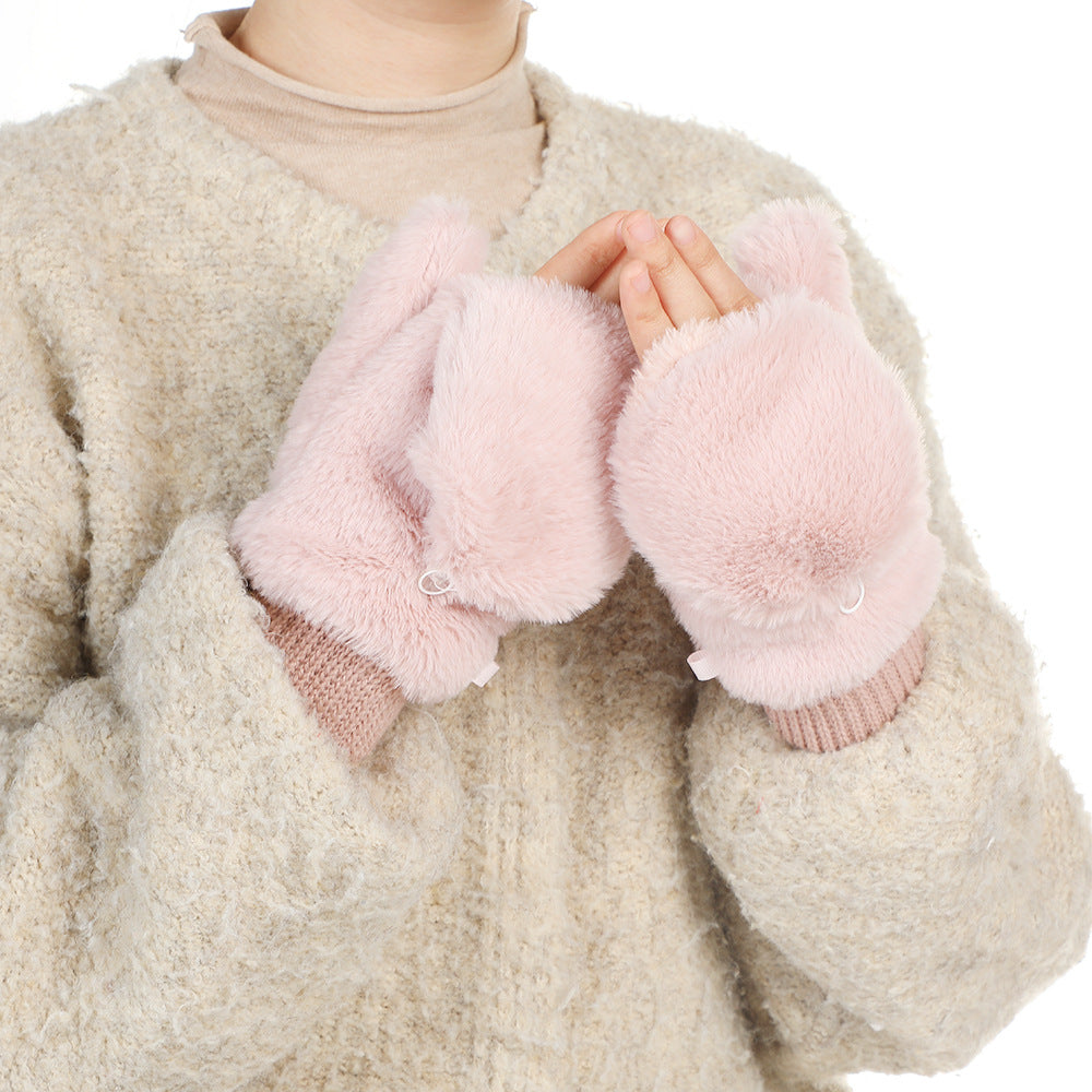 Plush Faux Fur Flip Top Gloves - Pink